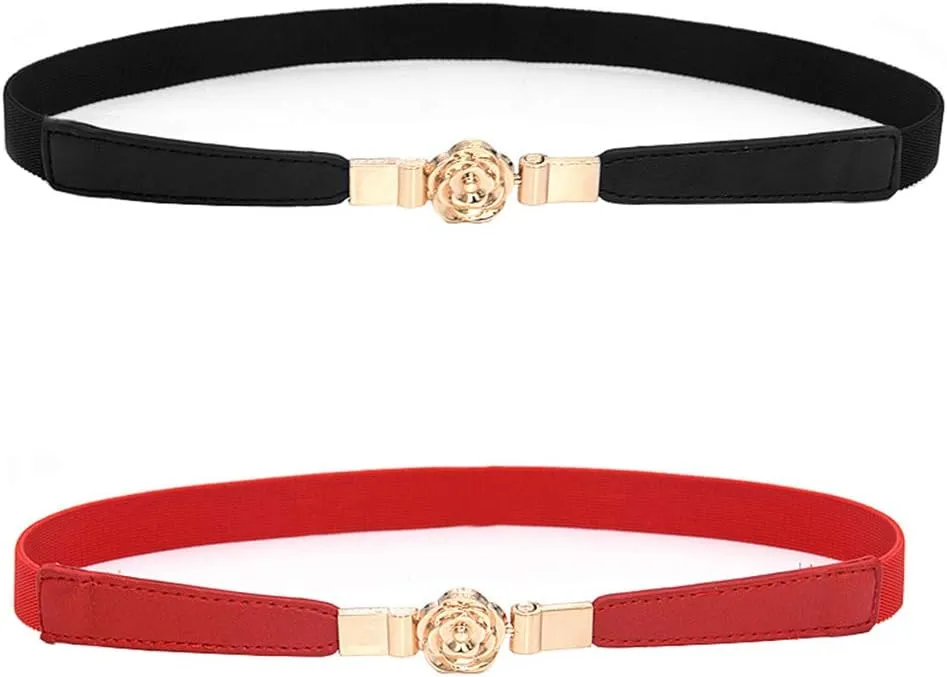 2 Pack Women Retro Elastic Stretch Belt for Dresses Rose Flower Metal Buckle Skinny Waist Belt Waistband 2cm Wide