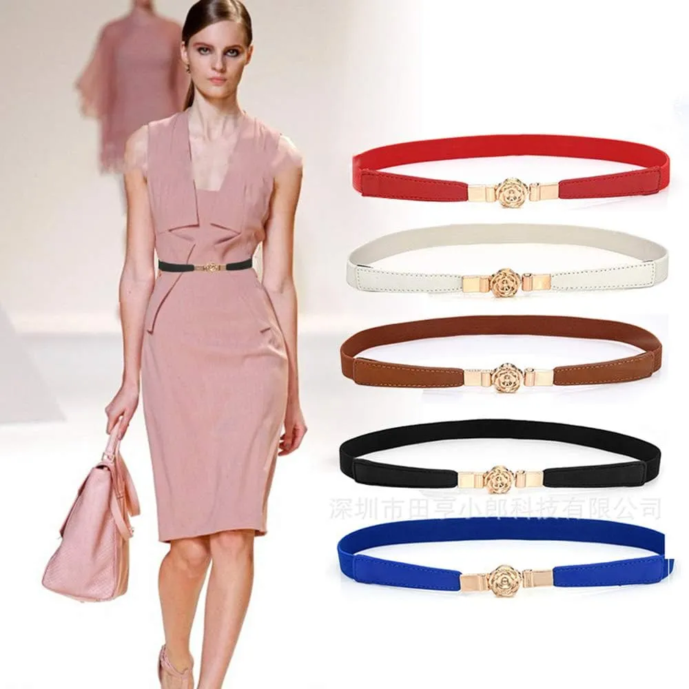 2 Pack Women Retro Elastic Stretch Belt for Dresses Rose Flower Metal Buckle Skinny Waist Belt Waistband 2cm Wide