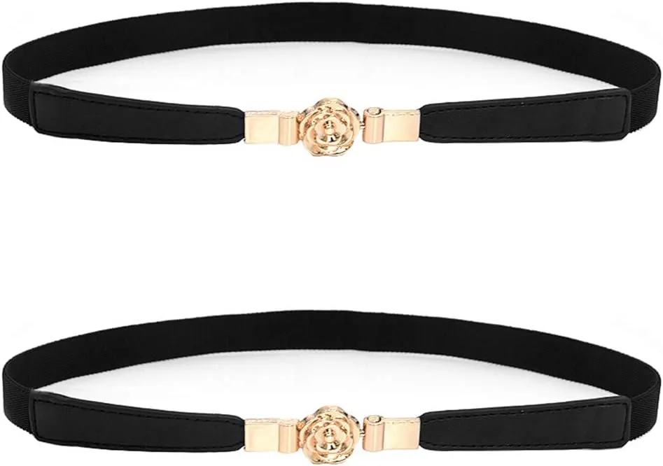 2 Pack Women Retro Elastic Stretch Belt for Dresses Rose Flower Metal Buckle Skinny Waist Belt Waistband 2cm Wide