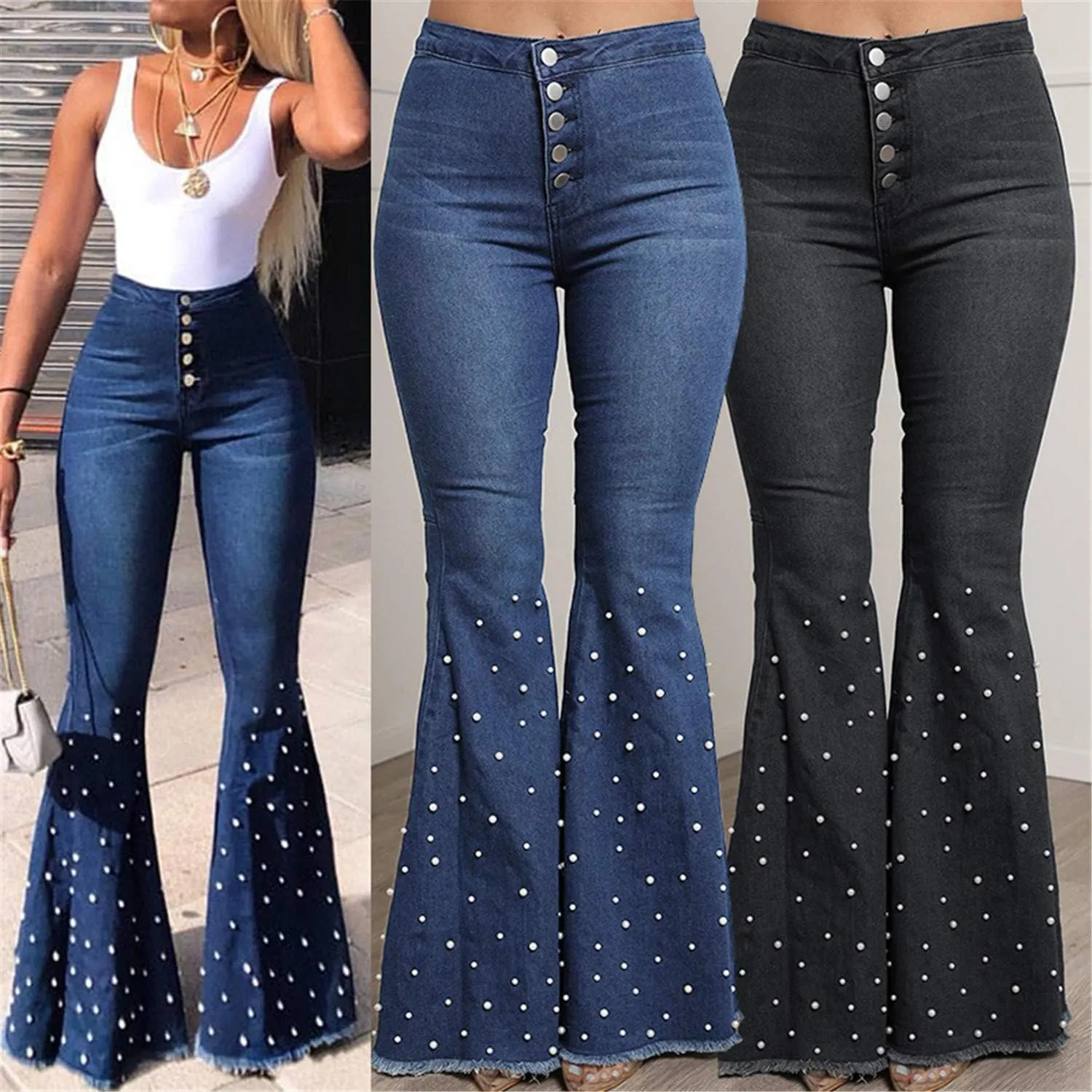 Andongnywell Ladies Stretch Jeans Beaded Flared Trousers Button Slim Length Bell Bottom Denim Pants