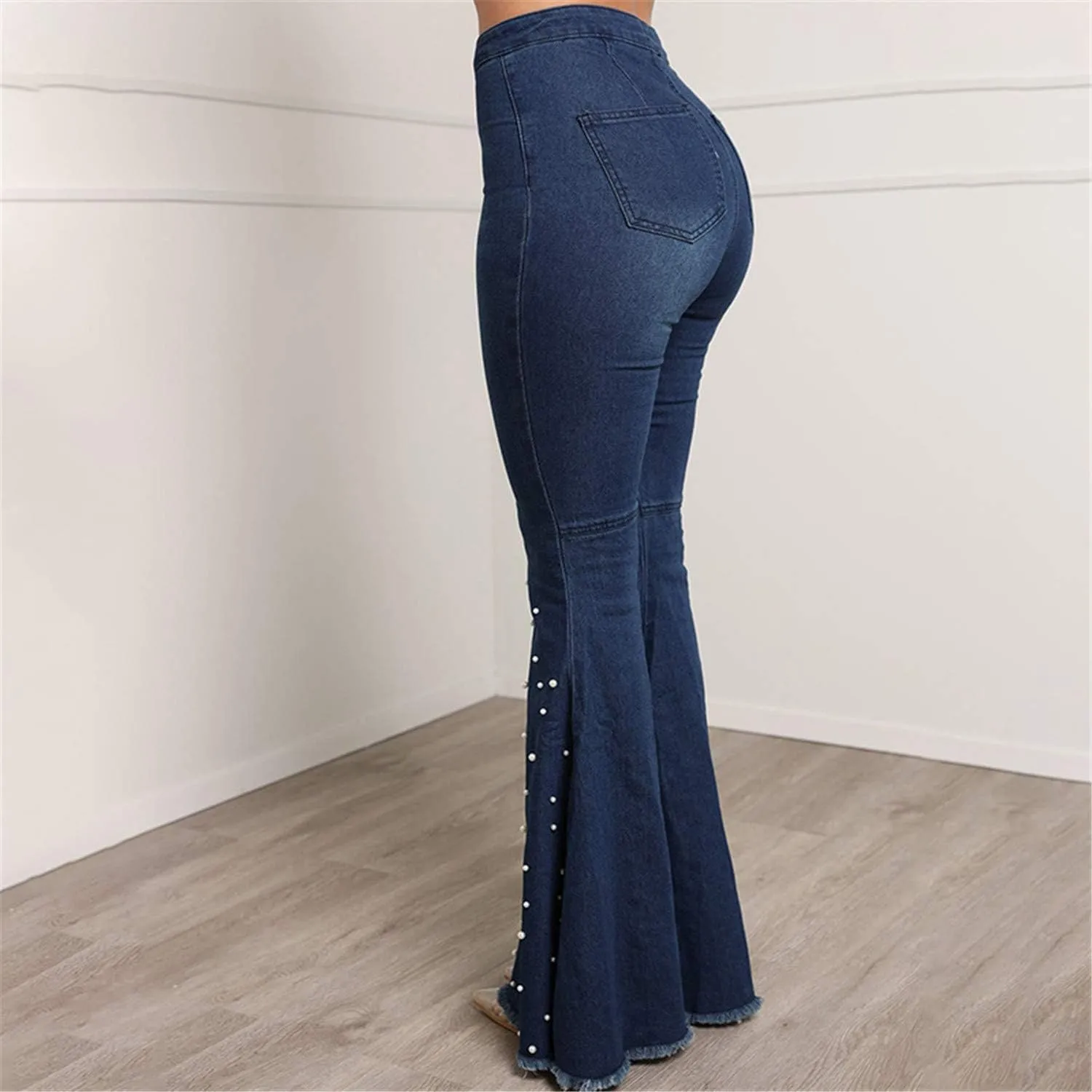 Andongnywell Ladies Stretch Jeans Beaded Flared Trousers Button Slim Length Bell Bottom Denim Pants