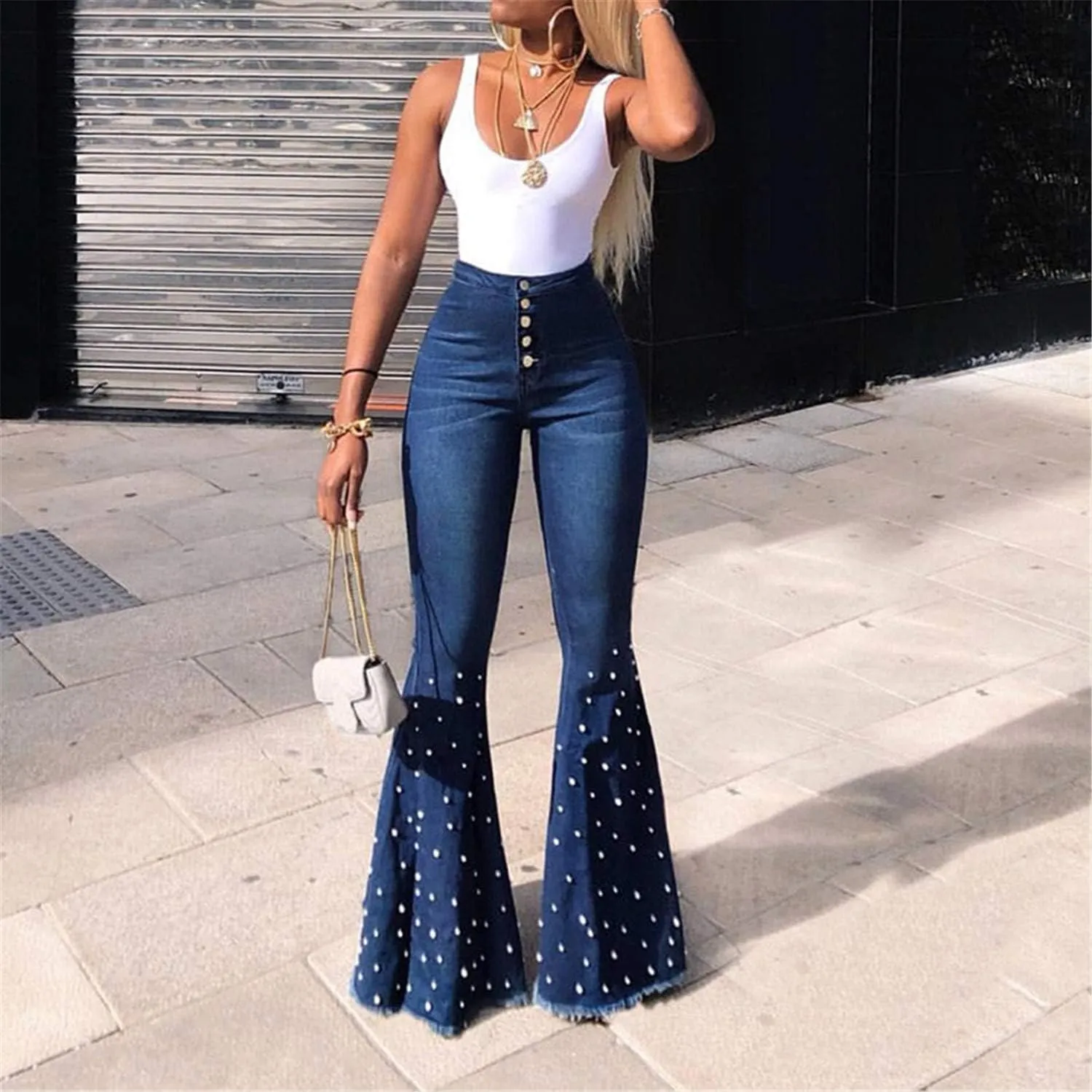 Andongnywell Ladies Stretch Jeans Beaded Flared Trousers Button Slim Length Bell Bottom Denim Pants