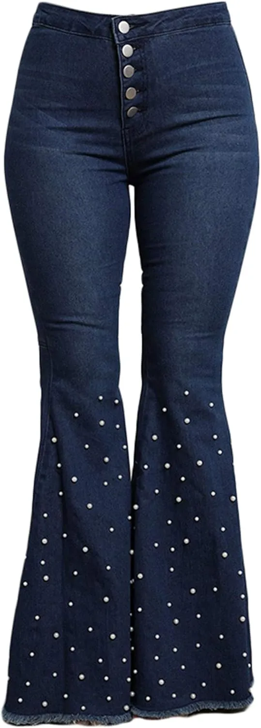Andongnywell Ladies Stretch Jeans Beaded Flared Trousers Button Slim Length Bell Bottom Denim Pants
