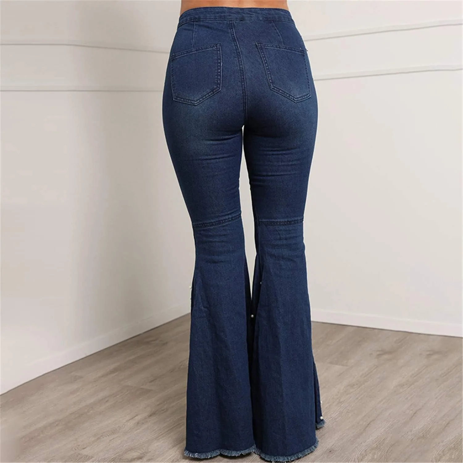 Andongnywell Ladies Stretch Jeans Beaded Flared Trousers Button Slim Length Bell Bottom Denim Pants