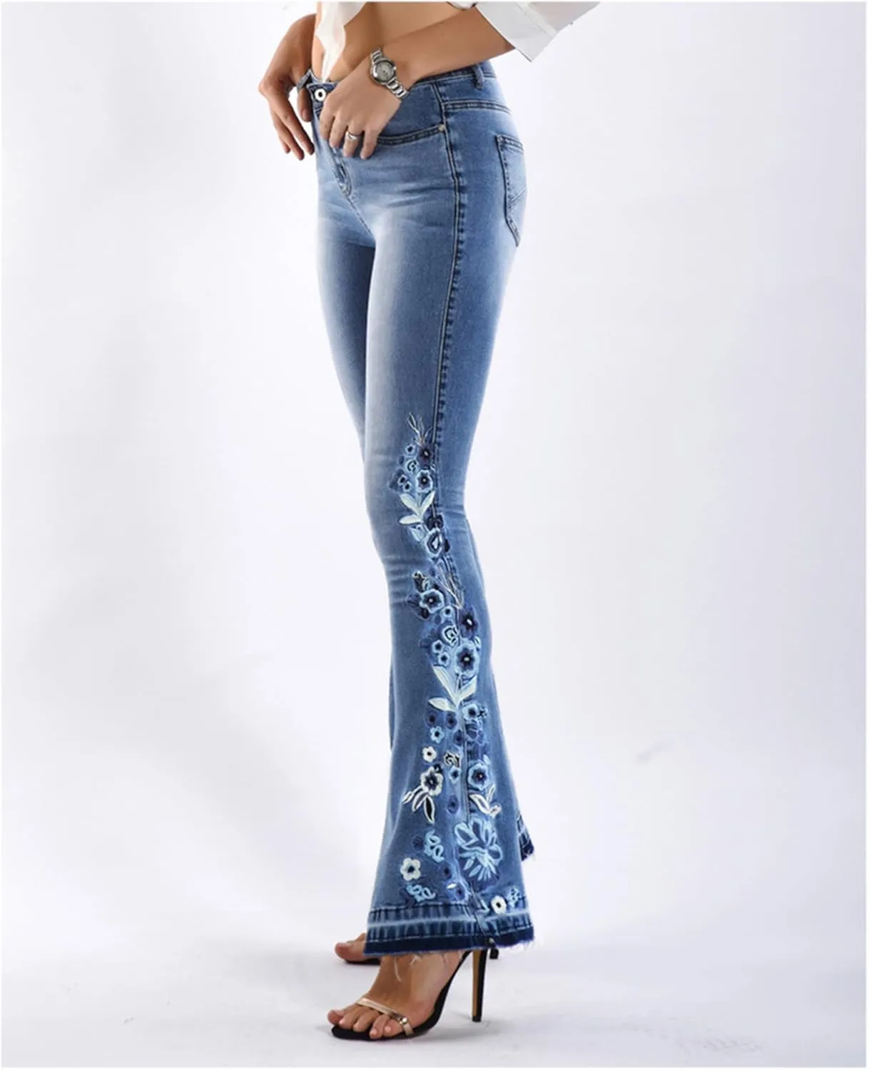 Andongnywell Women's Embroidered High Waist Skinny Fit Cropped Denim Pants Slim Fit Embroidery Jeans Trousers