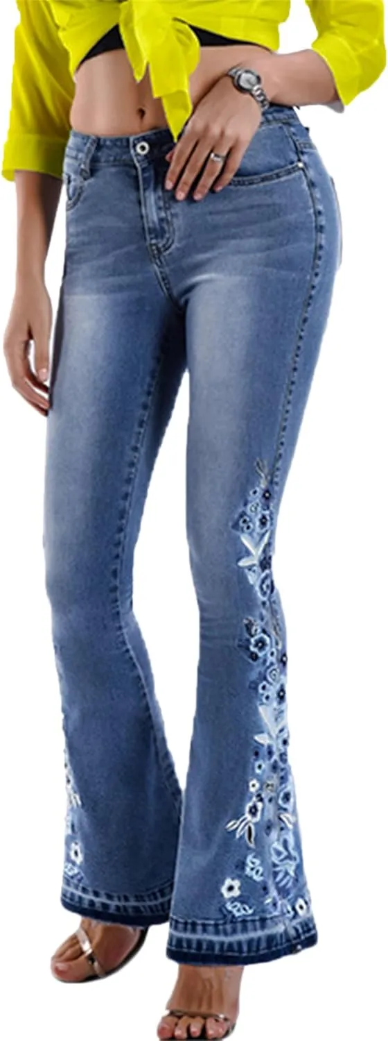 Andongnywell Women's Embroidered High Waist Skinny Fit Cropped Denim Pants Slim Fit Embroidery Jeans Trousers