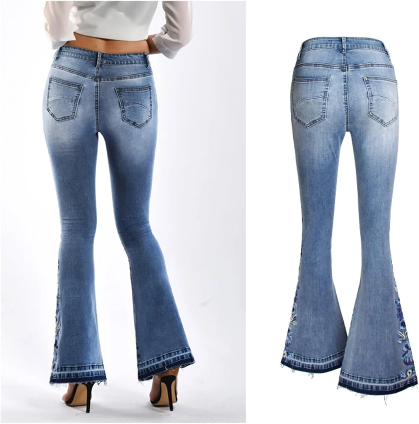 Andongnywell Women's Embroidered High Waist Skinny Fit Cropped Denim Pants Slim Fit Embroidery Jeans Trousers