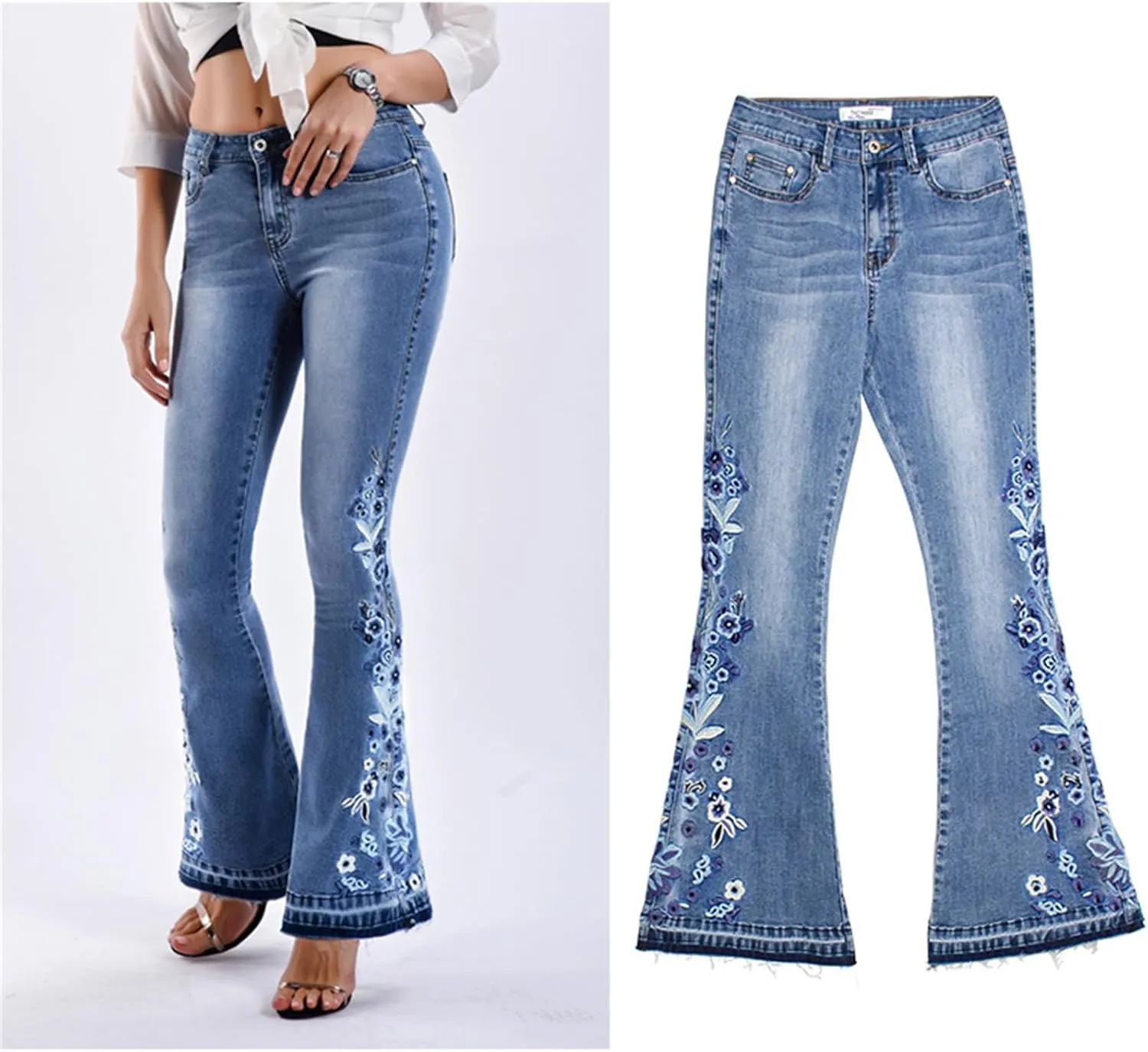 Andongnywell Women's Embroidered High Waist Skinny Fit Cropped Denim Pants Slim Fit Embroidery Jeans Trousers