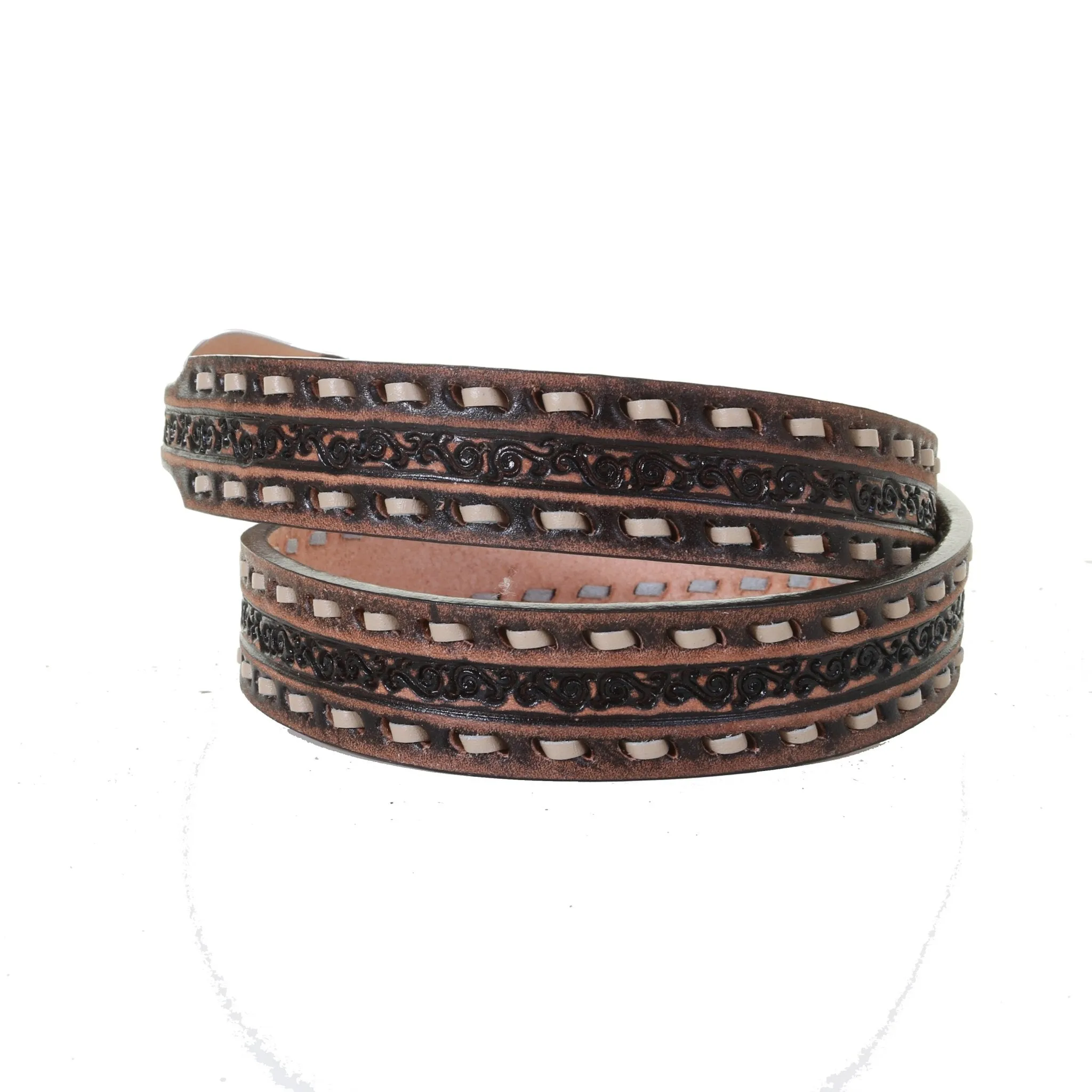B1163 -  Brown Vintage Tooled Narrow Belt