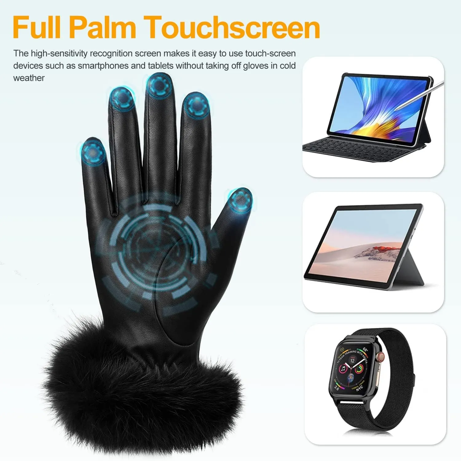 GSG Women Leather Gloves Luxury Rabbit Fur Cuff Winter Touchscreen Warm Driving Gloves