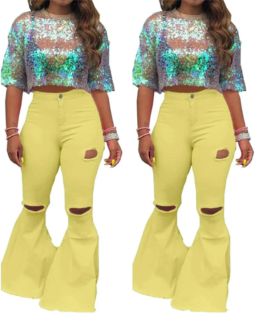 Jeans for Women 2023 Fashion Hole Zipper Wide Leg Pants Boot Cut Pant Jeans Trousers Stretch with Pockets
