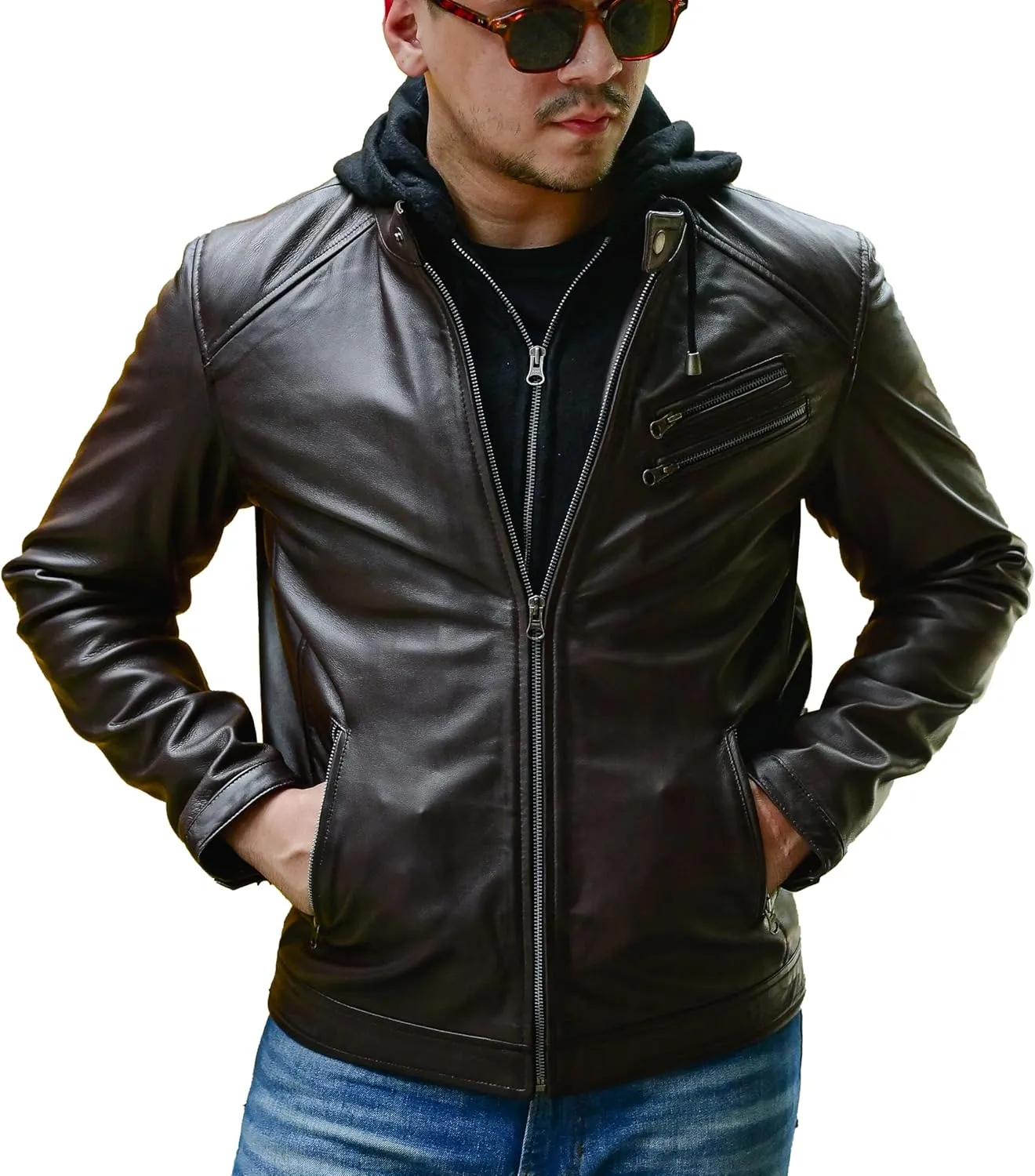 Jild Hooded 2.0 Leather Jacket Men - Genuine Lambskin Leather Bomber Jacket with Removable Hood for Mens Fashion