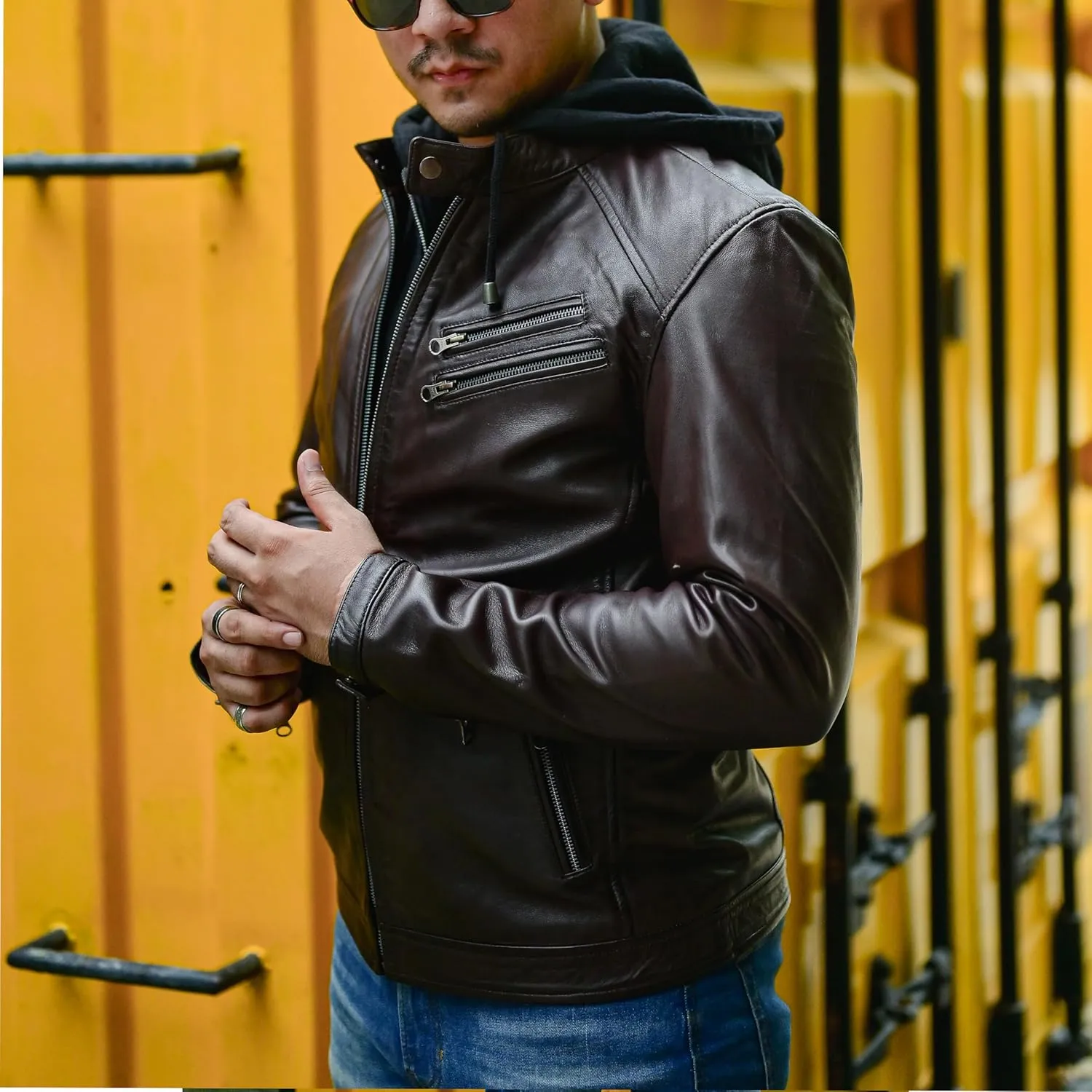Jild Hooded 2.0 Leather Jacket Men - Genuine Lambskin Leather Bomber Jacket with Removable Hood for Mens Fashion