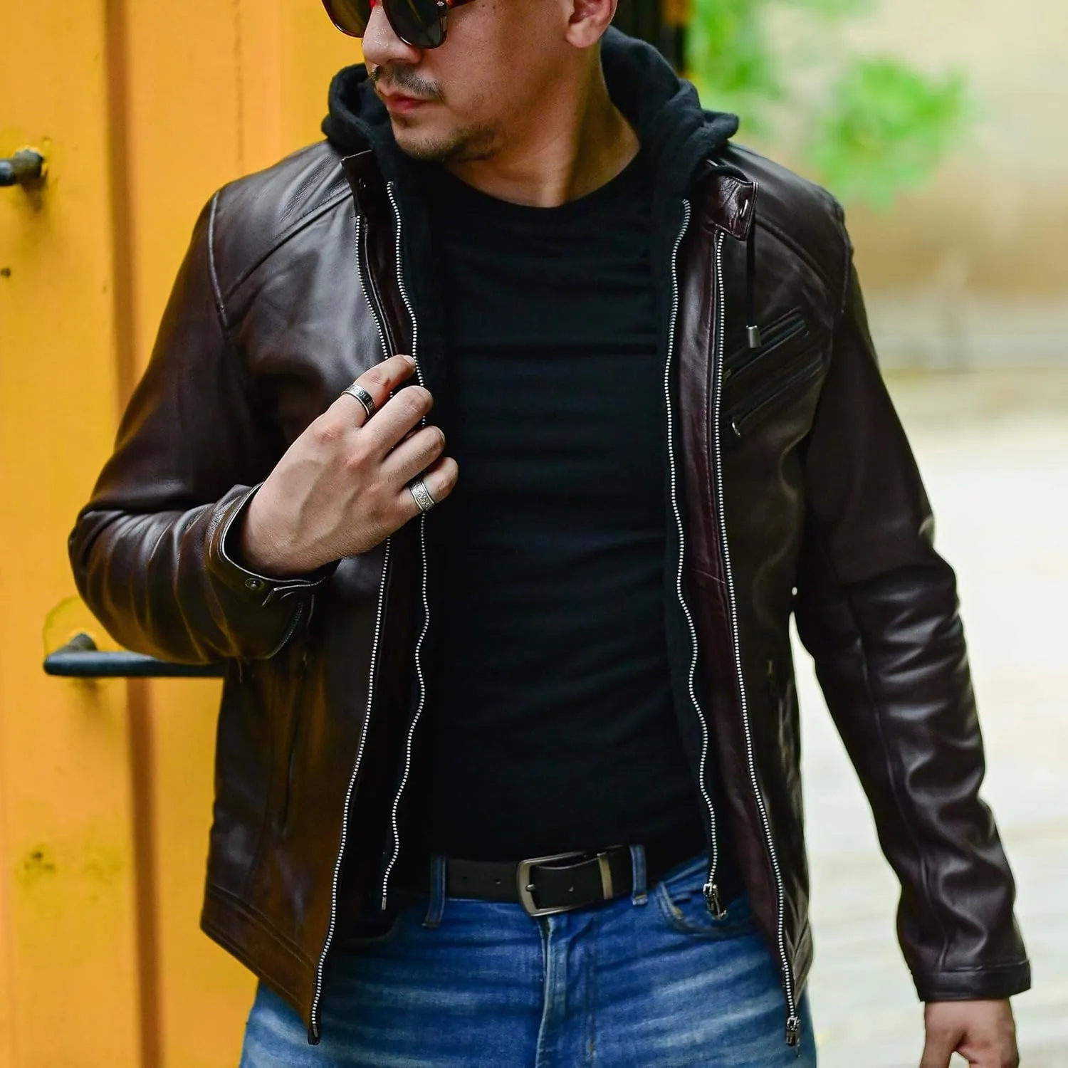 Jild Hooded 2.0 Leather Jacket Men - Genuine Lambskin Leather Bomber Jacket with Removable Hood for Mens Fashion