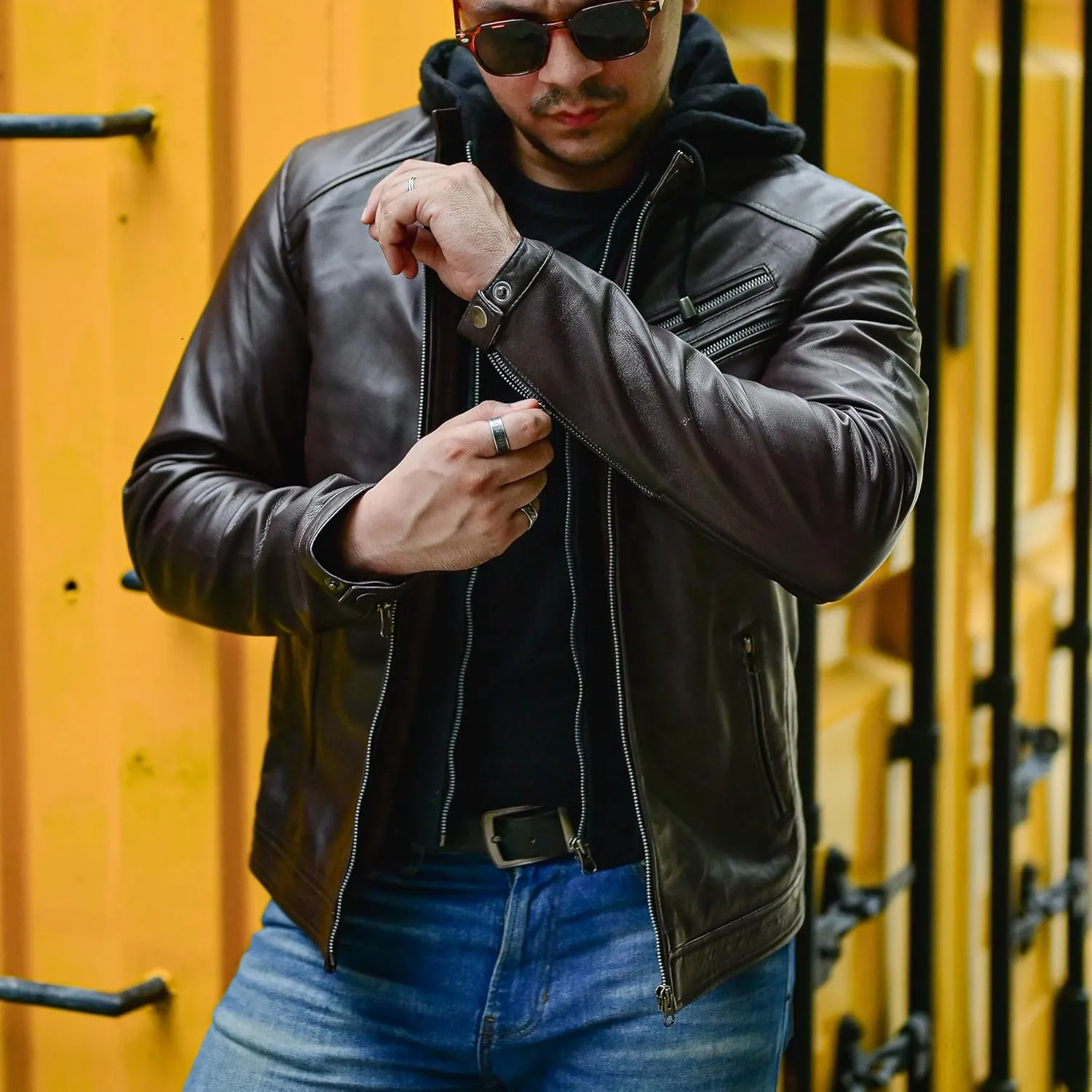 Jild Hooded 2.0 Leather Jacket Men - Genuine Lambskin Leather Bomber Jacket with Removable Hood for Mens Fashion