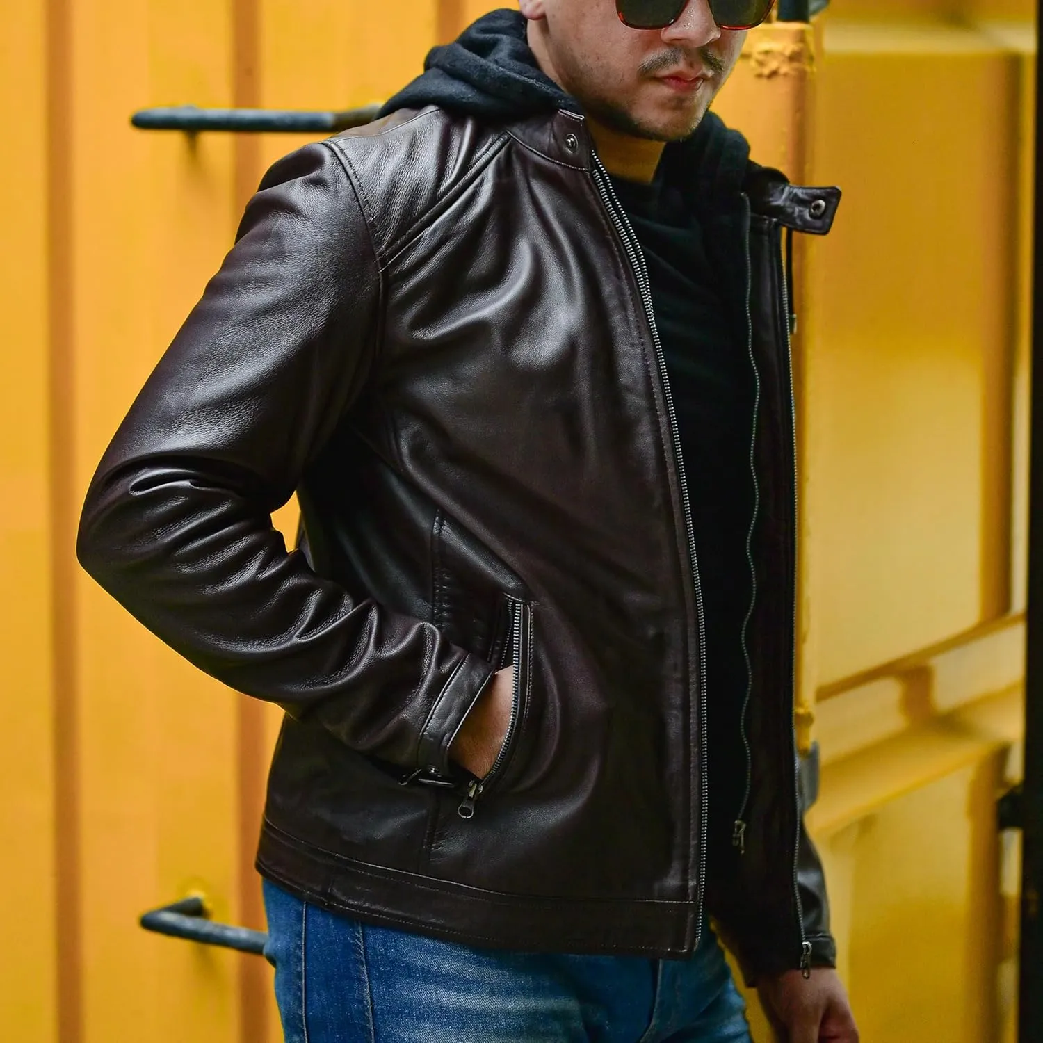Jild Hooded 2.0 Leather Jacket Men - Genuine Lambskin Leather Bomber Jacket with Removable Hood for Mens Fashion