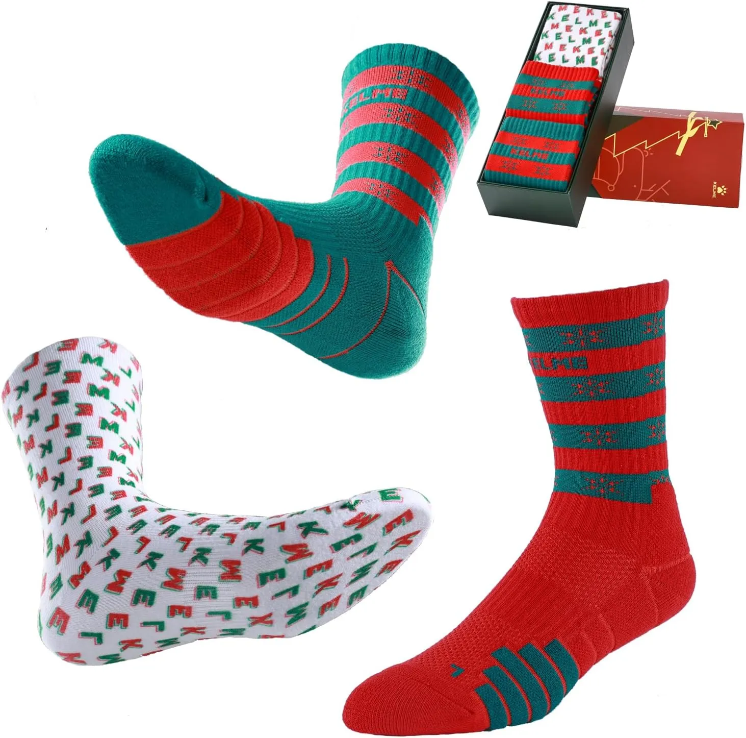 KELME Christmas Edition Sports Socks 3 Pairs Crew Socks Sports Warm Socks for Holiday Gift