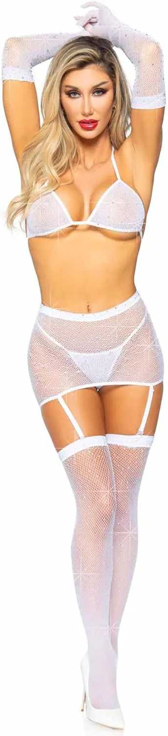 Leg Avenue Women's 5 Pc Rhinestone Fishnet Garter Skirt Set with Bikini Top, G-String, Gloves, Stockings