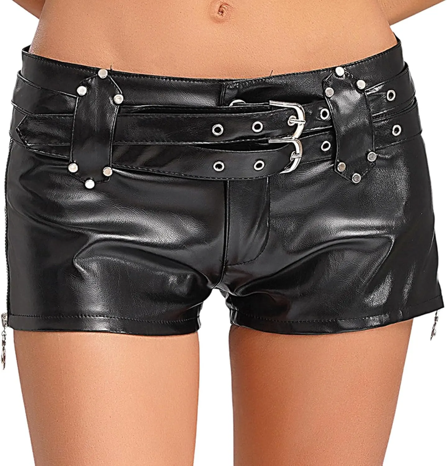 Linjinx Women's Faux Leather Low Waist Skinny Shorts Wide Straight Leg Mini Shorts for Casual Club