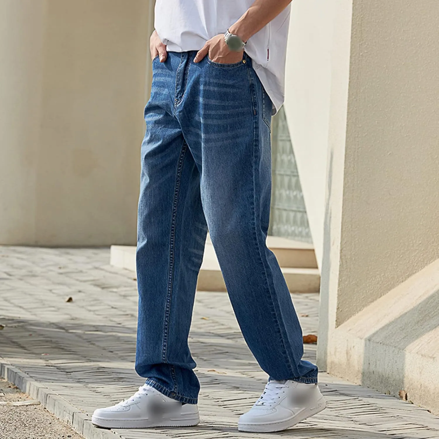 Men's Loose Straight Fit Jean Regular Fit Classic Relaxed Denim Pants Casual Solid Color Washed Jean Trousers