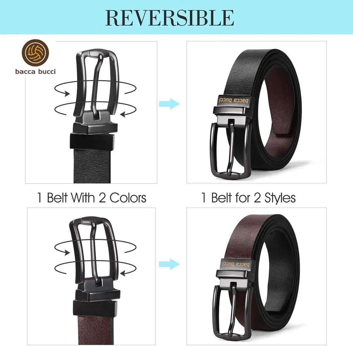 Men's Reversible Classic Dress Belt Italian Top Grain Genuine Leather With Rotating Metal Buckle
