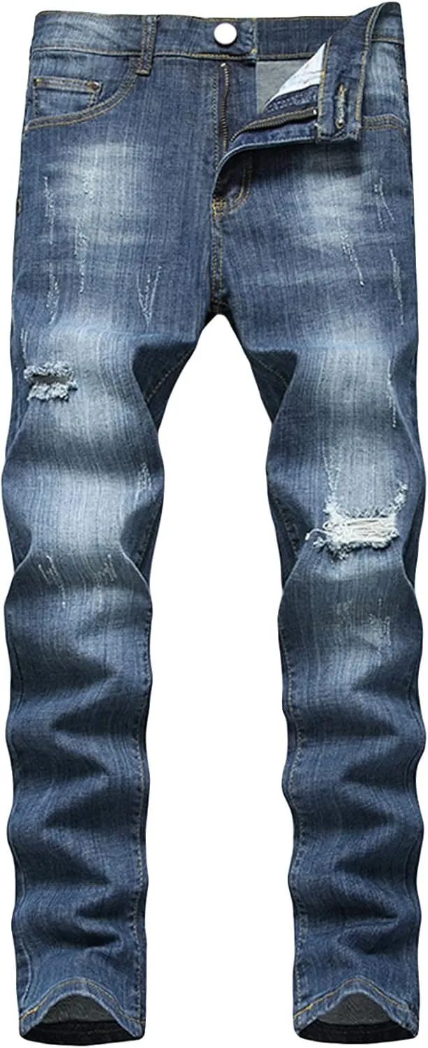 Men's Ripped Vintage Slim Fit Jeans Skinny Stretch Denim Pencil Pants Distressed Destroyed Hip Hop Biker Jean