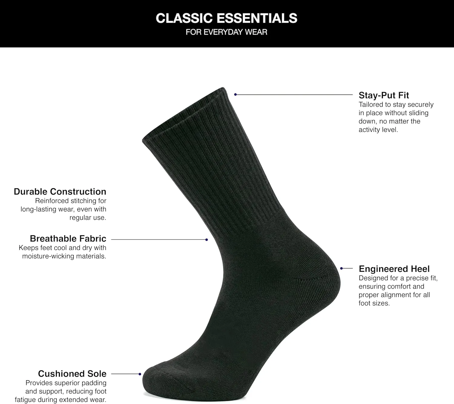 Premium Cotton Blend Men's Crew Socks 3-Pack, Lightweight, Durable, and Comfortable Fit for Everyday Wear