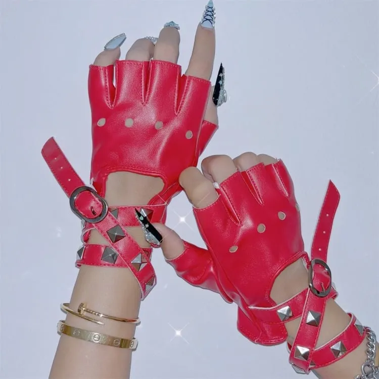 Punk Studs Crisscross Straps PU Half Finger Gloves