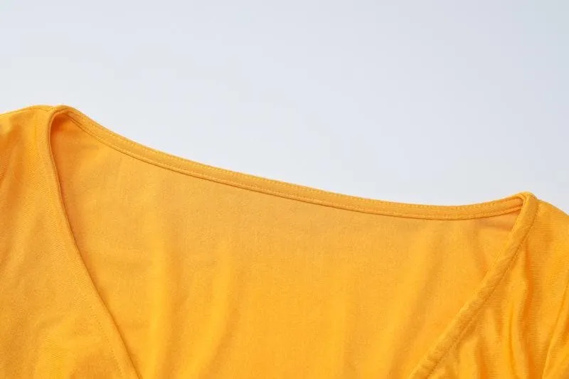 Ruched long sleeve gloves v neck solid crop top