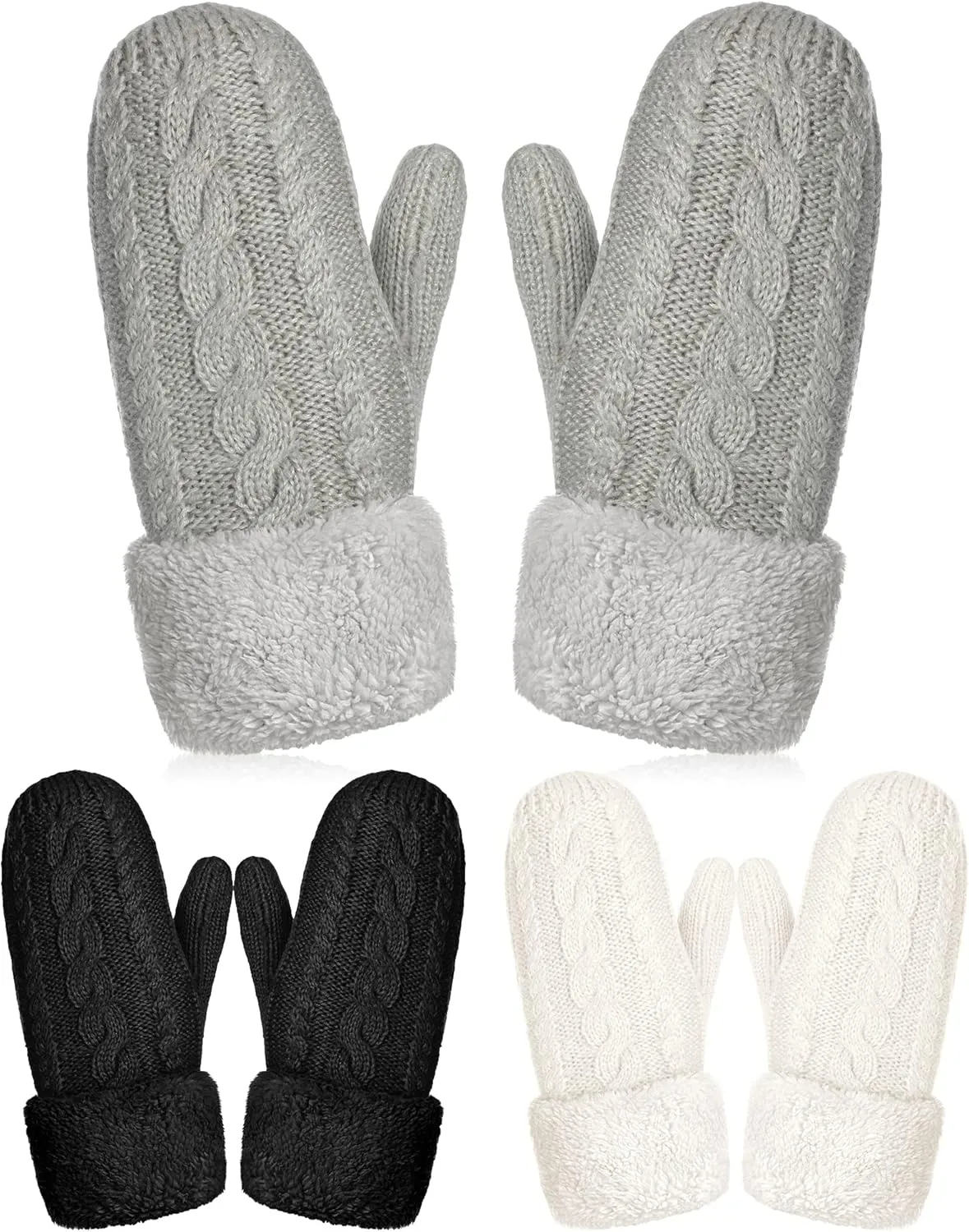 SATINIOR 3 Pairs Women Winter Mittens Gloves Warm Fleece Lining Mittens Cozy Thick Crochet Cable Knit Gloves Mitten Cold Weather Gloves for Women Girls Black, White and Grey about 10 x 3.9 inches