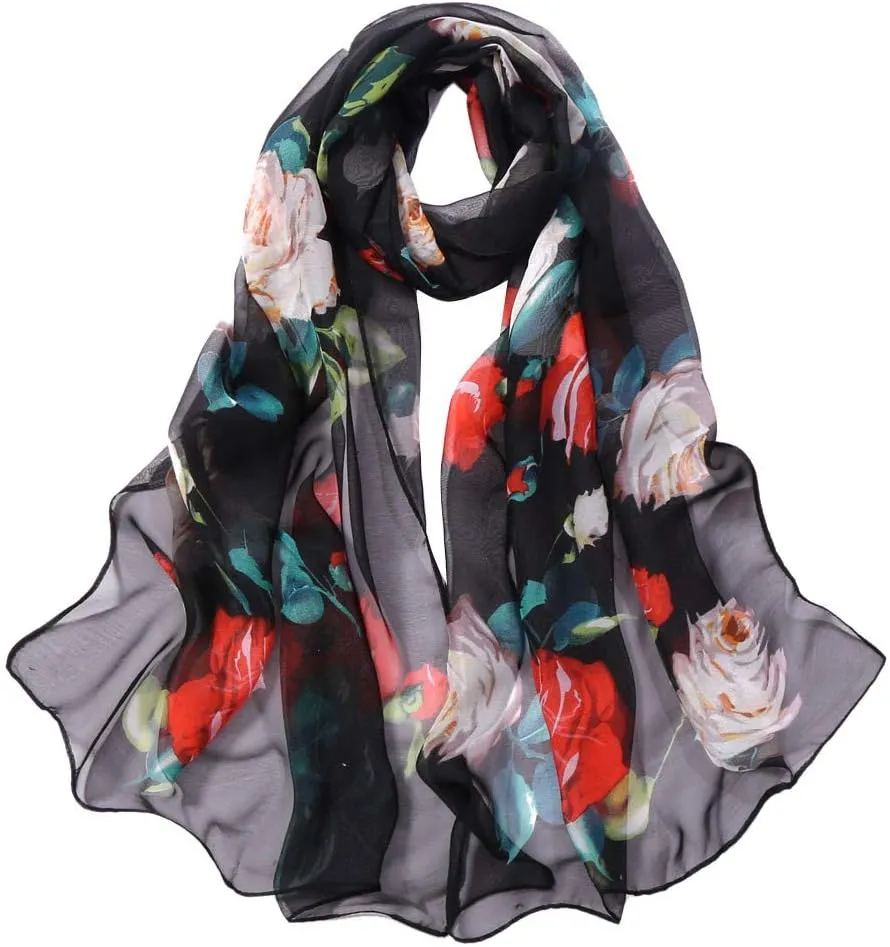 Silk Scarf for Women Wrap Fashion Roses Soft Long Printing Silk Shawl Scarves Simulation Scarf Women (a-Black, One Size)