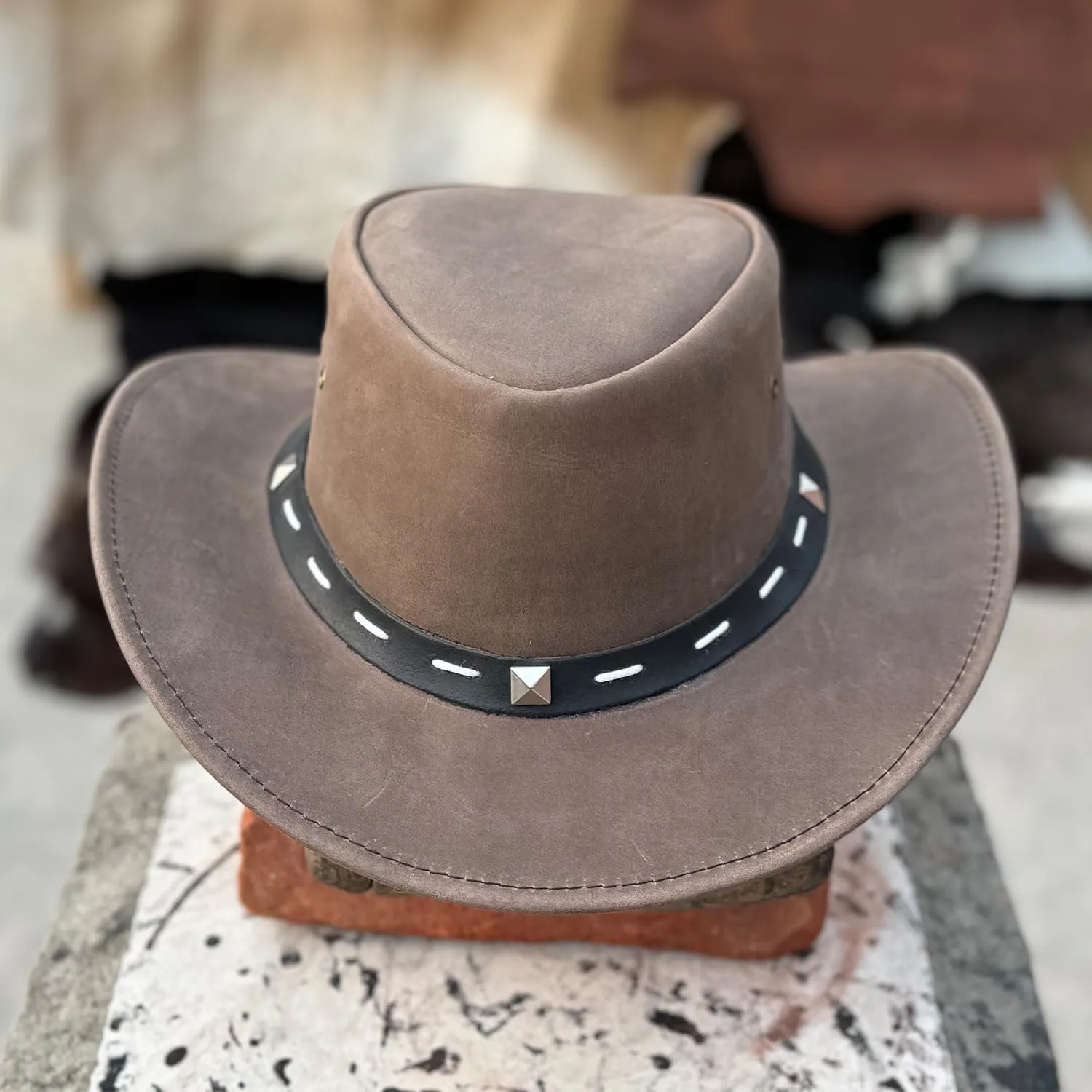 Unisex Barrie Leather Cowboy Hat with Metal Accents