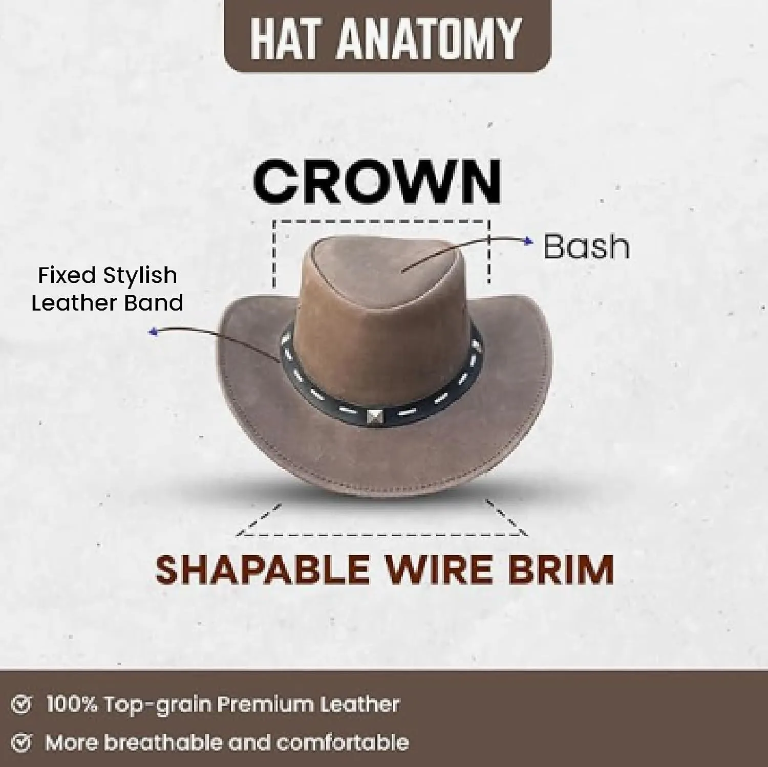 Unisex Barrie Leather Cowboy Hat with Metal Accents