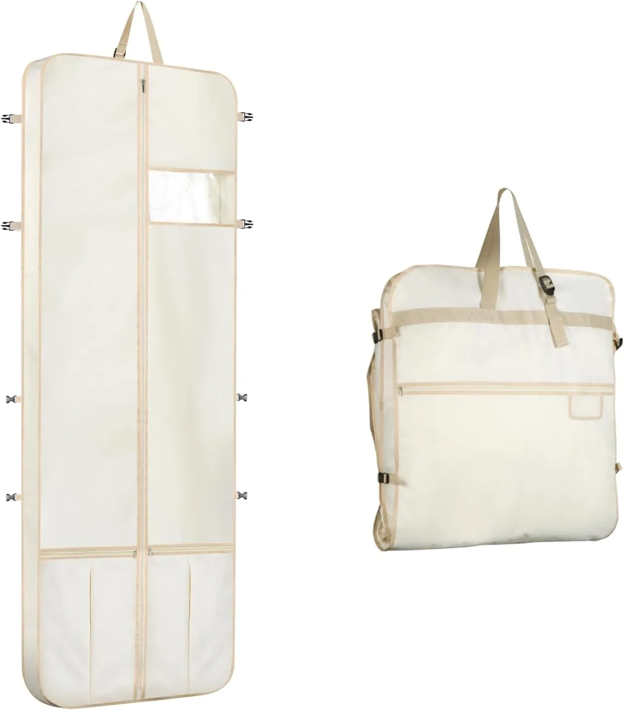 Univivi Garment Bag Long 182 cm, Garment Bag Wedding Dress with Shoe Compartment, Clothes Bags with 4 Zip Pockets, Foldable Waterproof Garment Bag Travel for Evening Dresses - Beige