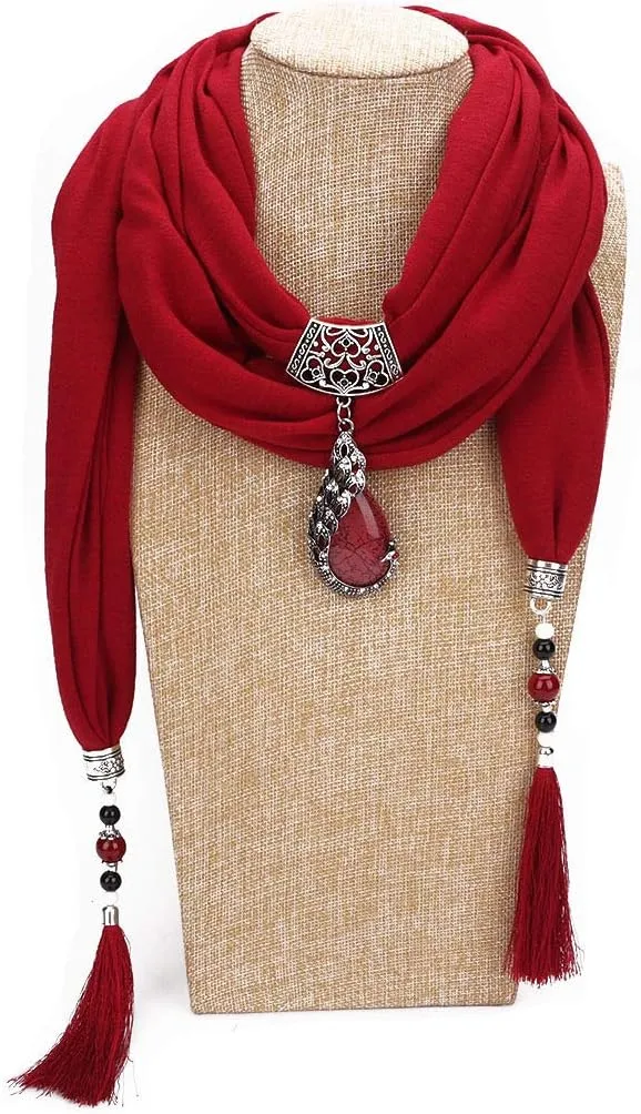 Vintage Polyester Scarf Alloy Resin Gem Pendant Women's Necklace Jewelry Scarves(sc0021)