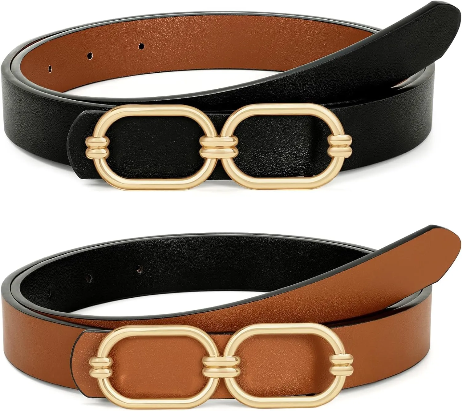 WHIPPY Women Reversible Leather Belts for Jeans Pants Fashion Skinny Belt Ladies Waist Belt with Gold Buckle