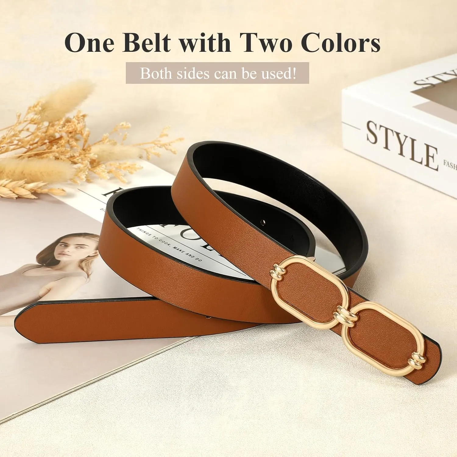 WHIPPY Women Reversible Leather Belts for Jeans Pants Fashion Skinny Belt Ladies Waist Belt with Gold Buckle
