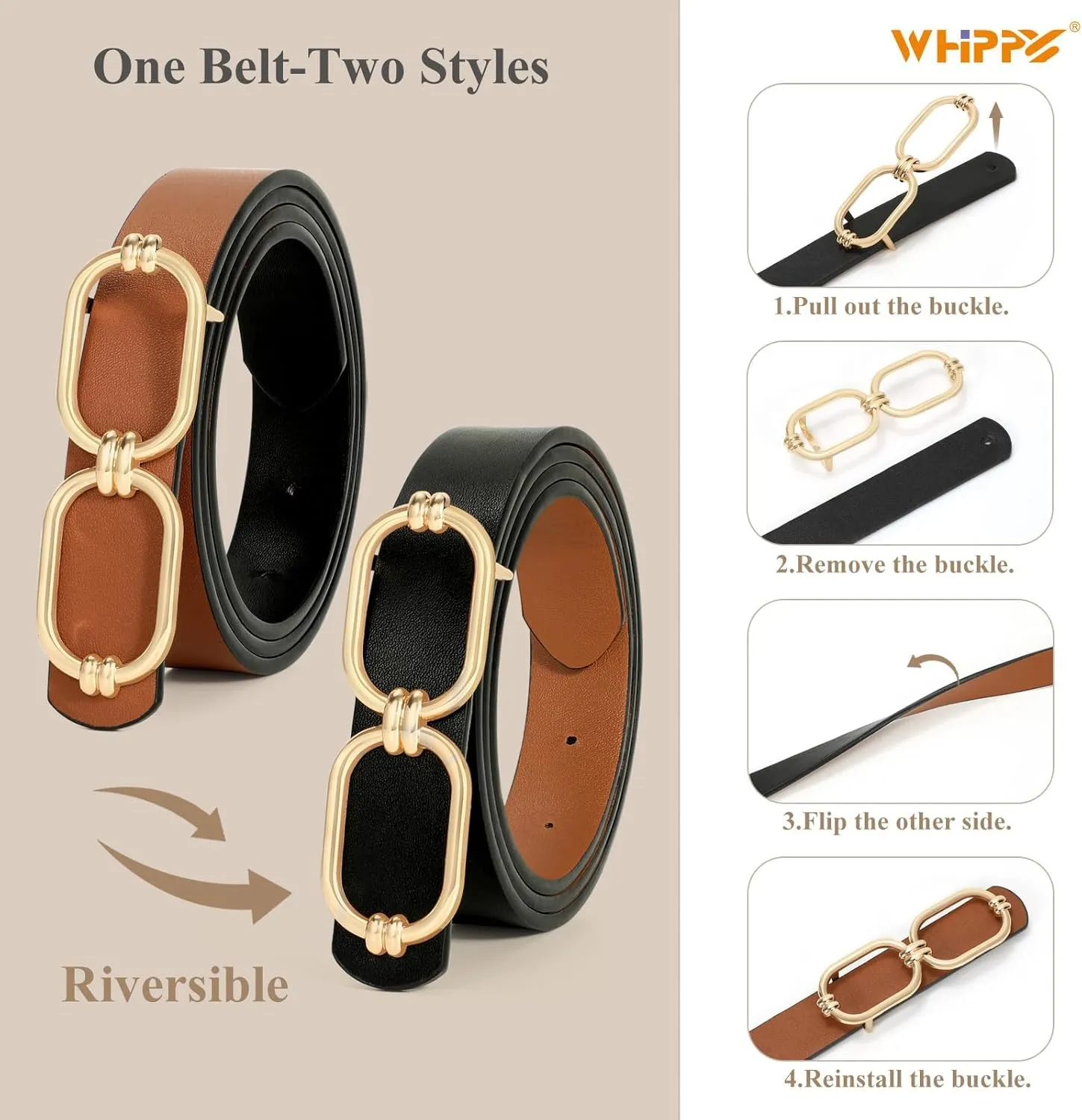 WHIPPY Women Reversible Leather Belts for Jeans Pants Fashion Skinny Belt Ladies Waist Belt with Gold Buckle