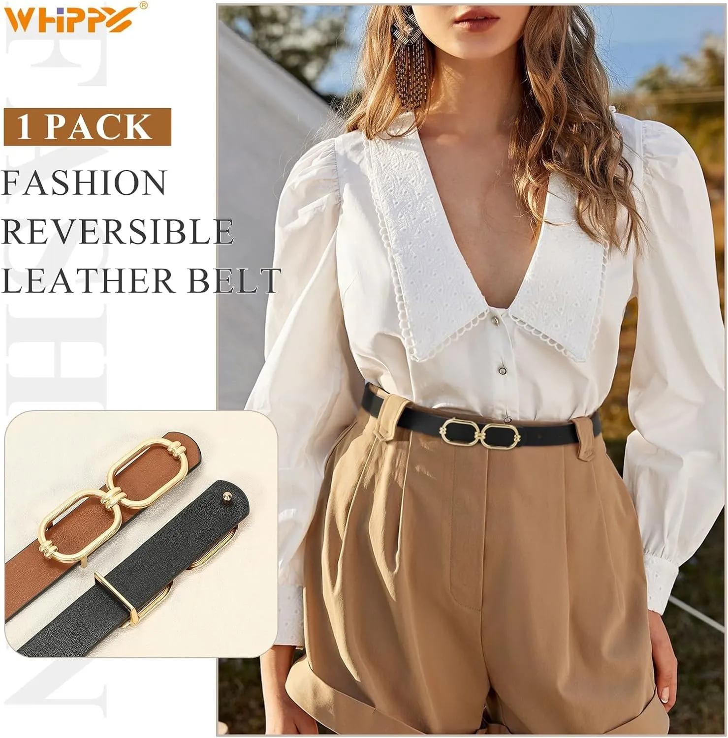 WHIPPY Women Reversible Leather Belts for Jeans Pants Fashion Skinny Belt Ladies Waist Belt with Gold Buckle