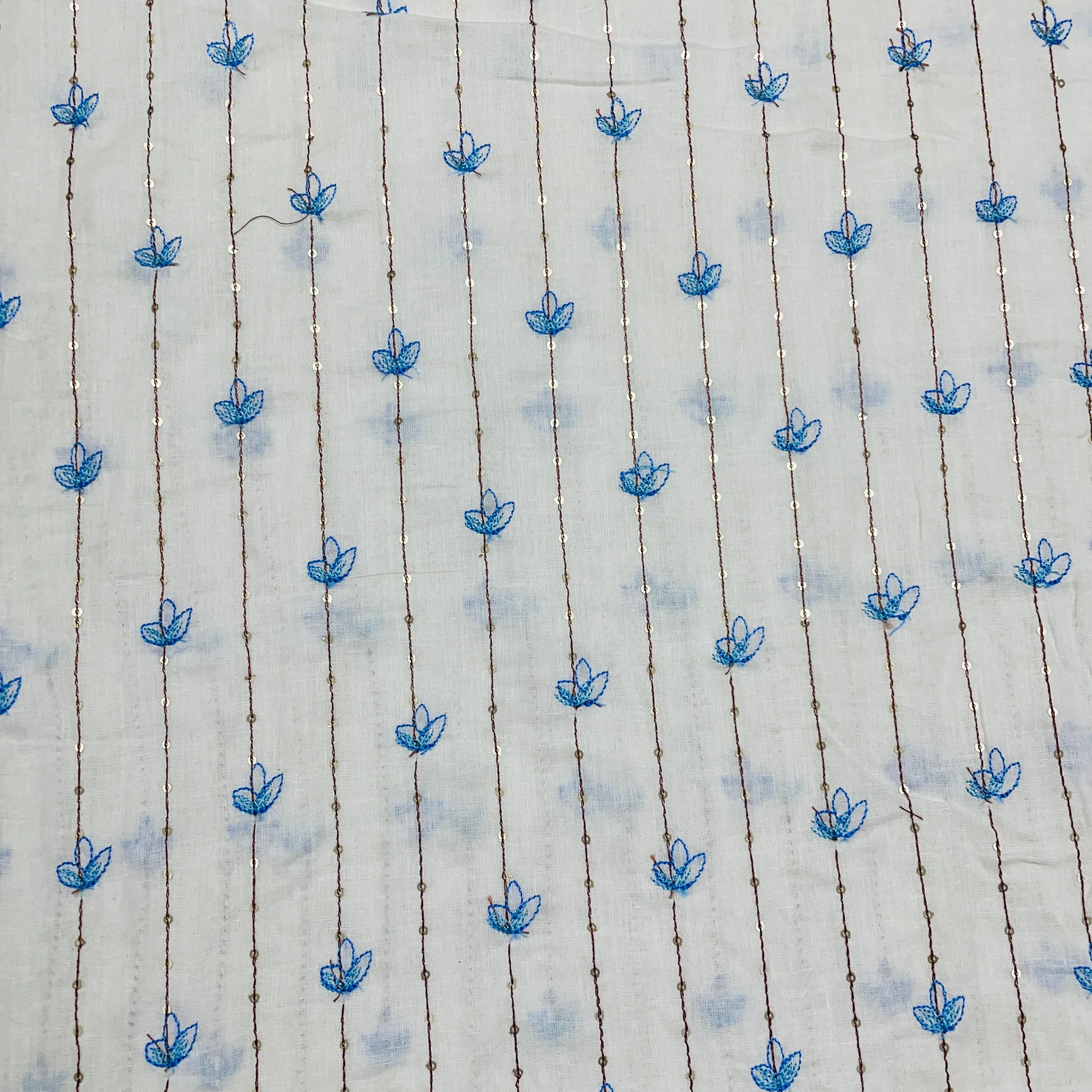 White With Sky Blue Linning Thread Embroidery Cotton Mulmul Fabric