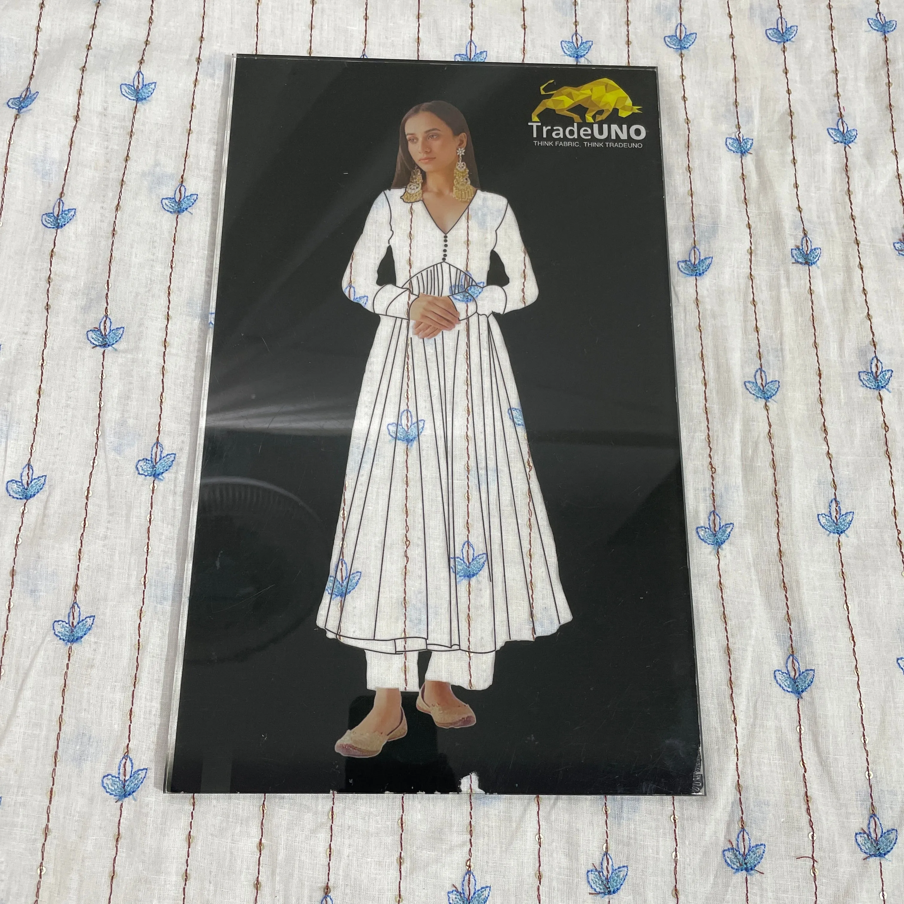 White With Sky Blue Linning Thread Embroidery Cotton Mulmul Fabric