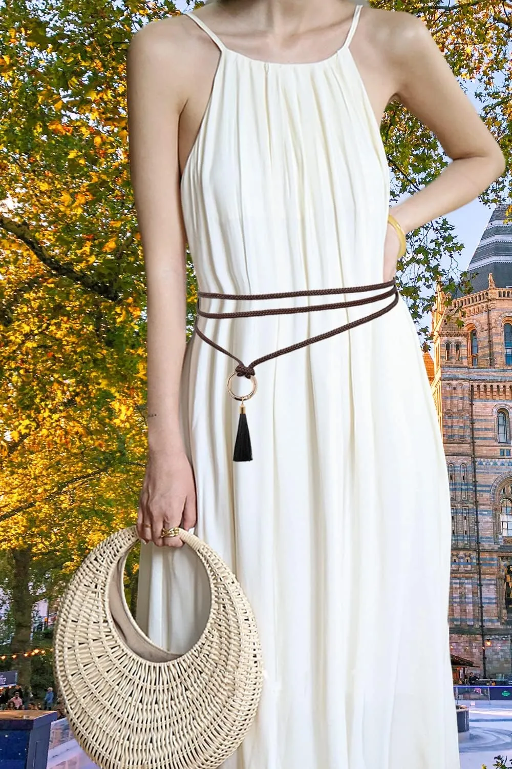 Women Girls Braided Waist Tie Belt/Rope with Tassel Wrap Cloth Belts for Dress Pants