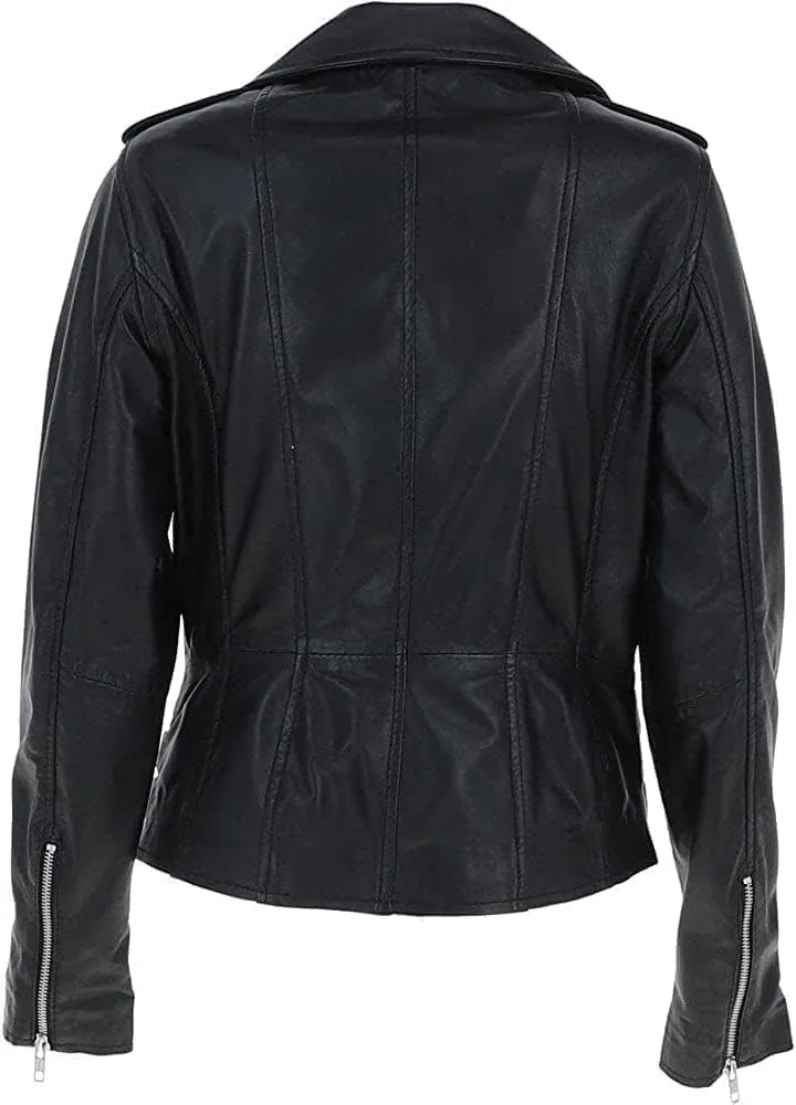 Women's Black Leather Biker Jacket  Edgy Moto Style with Buckle & Zipper Accents