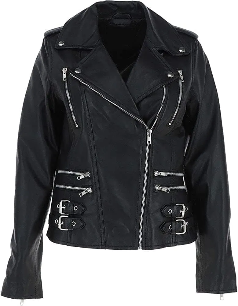 Women's Black Leather Biker Jacket  Edgy Moto Style with Buckle & Zipper Accents