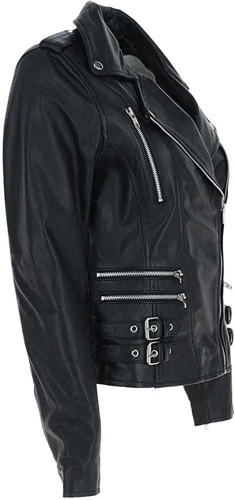 Women's Black Leather Biker Jacket  Edgy Moto Style with Buckle & Zipper Accents