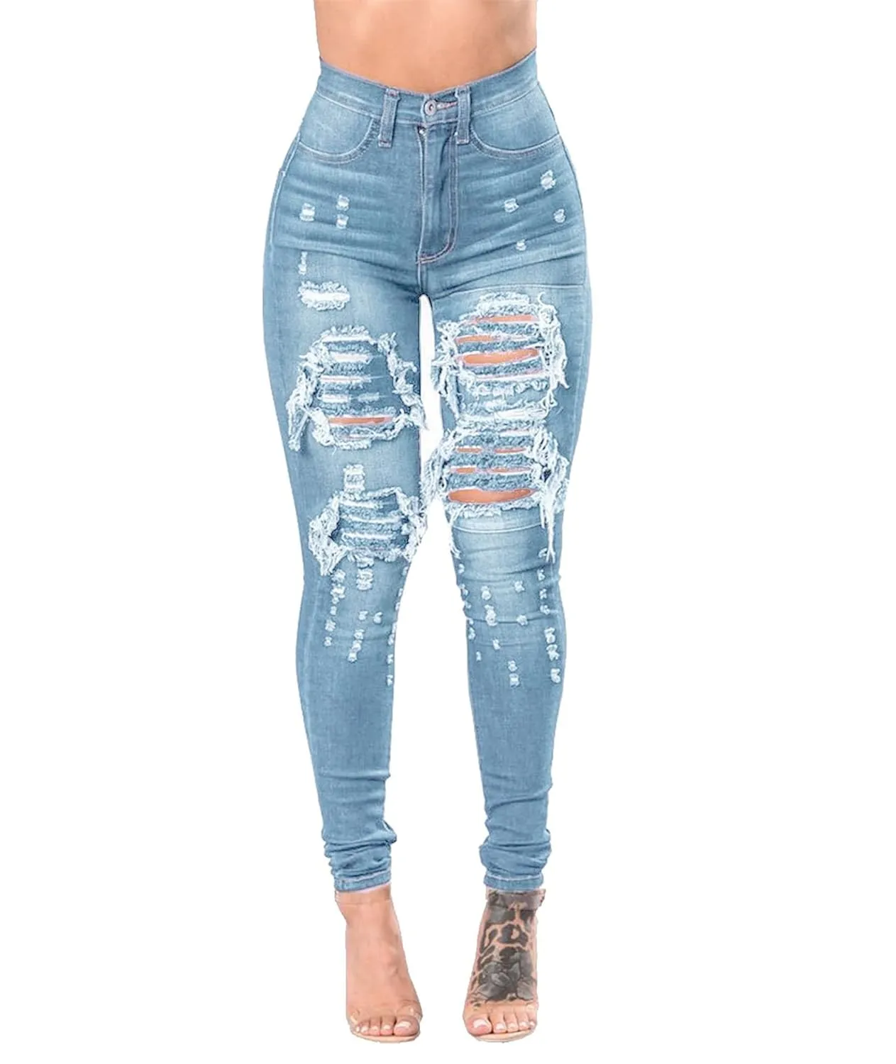 Womens Curvy High Waist Ripped Jeans Stretch Butt Lifting Skinny Destroyed Jean Slim Fit Distressed Denim Pant Trousers (Small,Light Blue)