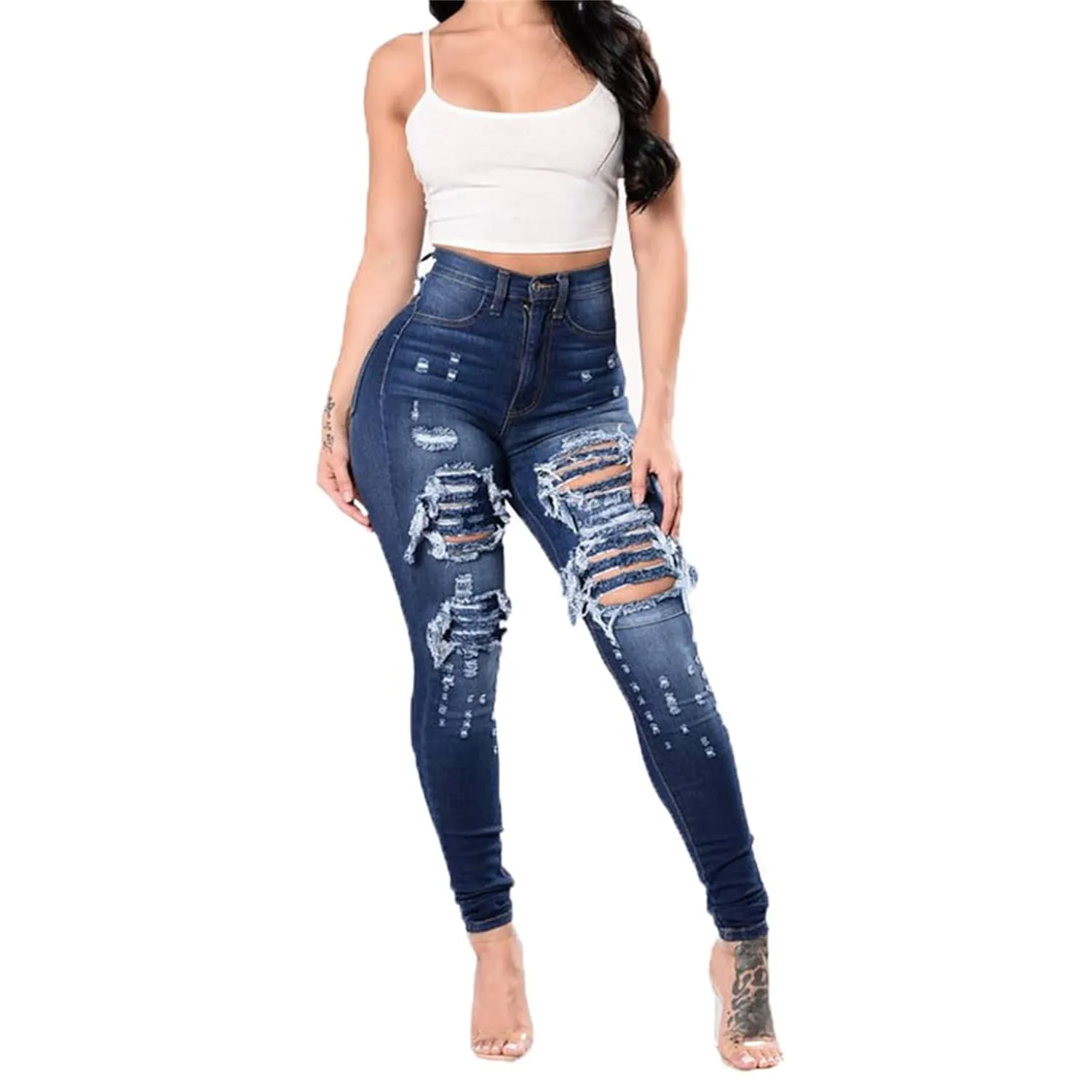 Womens Curvy High Waist Ripped Jeans Stretch Butt Lifting Skinny Destroyed Jean Slim Fit Distressed Denim Pant Trousers (Small,Light Blue)