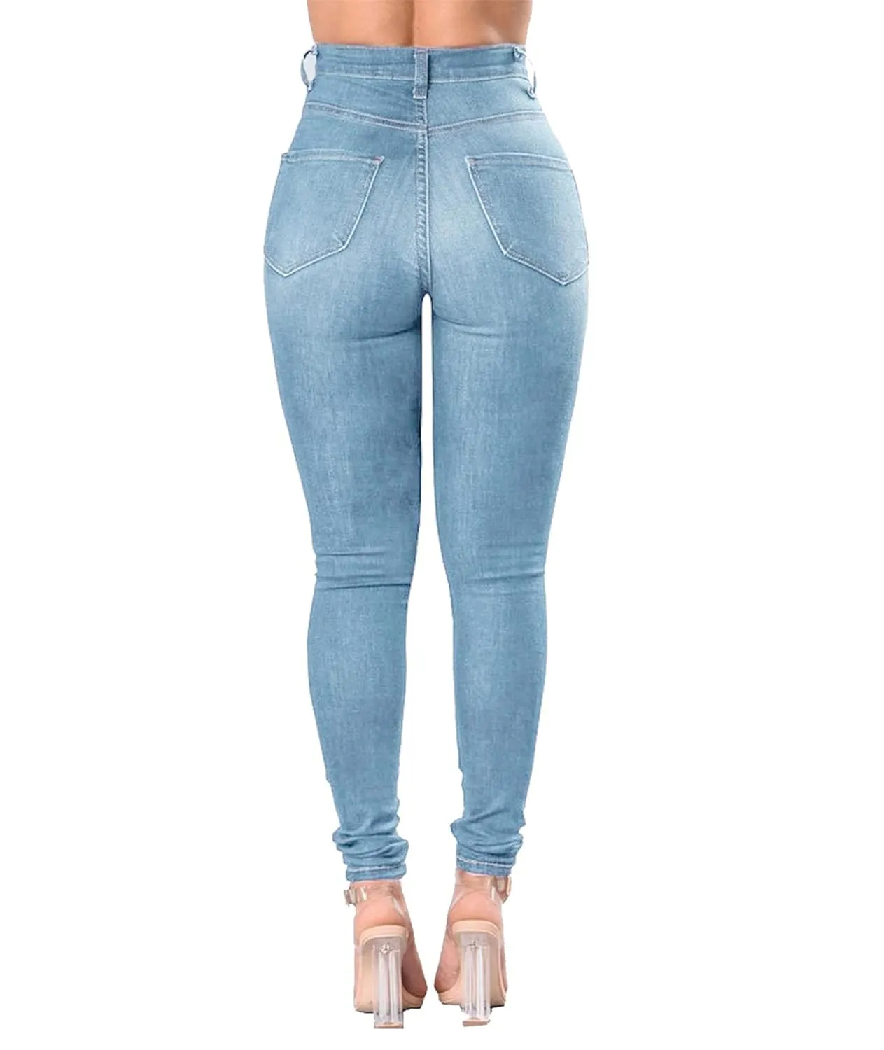 Womens Curvy High Waist Ripped Jeans Stretch Butt Lifting Skinny Destroyed Jean Slim Fit Distressed Denim Pant Trousers (Small,Light Blue)