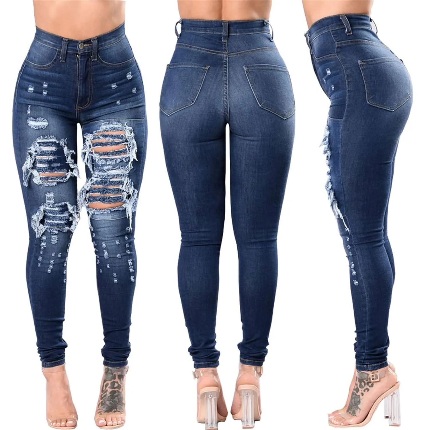 Womens Curvy High Waist Ripped Jeans Stretch Butt Lifting Skinny Destroyed Jean Slim Fit Distressed Denim Pant Trousers (Small,Light Blue)