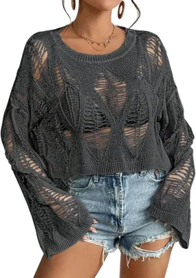 Womens Gothic Short Sweaters Oversized Punk Goth Sweater Long Bell Sleeve Knitting Crop Tops US Size S-XL